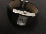 SF Designed Rectangular 21x17mm Bezel Stainless Steel Watch w/ Cloth Cuff Bracelet