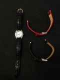 Round 17mm Bezel Stainless Steel Watch w/ Black Leather Strap & 2 Additional Red & Black Straps