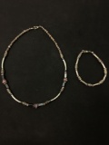 Matched Set of Cat's Eye Beaded Indonesian Styled Silver-Tone Alloy 18