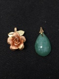 Lot of Two Petite Pendants, One 13mm Long Green Jade & One Black Hill Gold Motif Rose Blossom