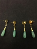 Two Matched Pairs of Gold-Tone Alloy Natural Green Jade 2