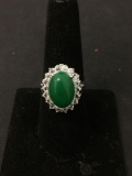 Oval 14x10mm Green Jade Cabochon Rhinestone Halo Accent 18Kt White Gold Filled Ring Band - Size 8