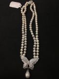 Zircon Accented Butterfly Silver-Tone Alloy w/ Double Strand of 8mm White Pearls & 15mm Pearl Drop