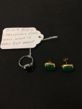 Lot of Two, Silver-Tone Alloy Ring Band w/ Black Agate Center & Pair Gold-Tone Green Stone Earrings