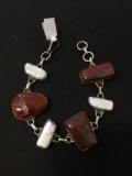 Large Bezel Set Tumbled Jasper & Mother of Pearl Accented 8