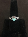 Heart Shaped 6x6mm Turquoise Inlaid Sterling Silver Claddagh Ring Band - Size 8