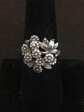 Round Floral Bouquet Motif 17mm Diameter Sterling Silver Ring Band - Size 7.5