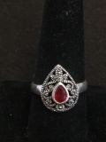 Pear Faceted 6x4mm Created Ruby w/ Milgrain Filigree Halo Styled Sterling Silver Ring Band - Size 9
