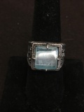 Indonesian Styled Heavy Vintage Sterling Silver Ring Band w/ 10mm Square Murano Glass - Size 7.5