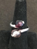 Twin Round 10mm Pink & Purple Glass Bead Accented Sterling Silver Bypass Ring Band - Size 8.5