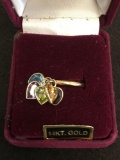 Five Multi-Colored Heart Faceted Gemstone Charms on 14Kt Gold Mother's Ring Band - Size 5