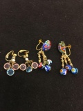Lot of Two Matched Colorful Pairs of Gold-Tone Alloy Earrings, One Gemstone Accented & Murano Glass