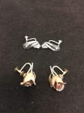 Lot of Two Matched Pairs of Fashion Earrings, One Topaz Accented Silver-Tone Lace & Rosebud Blossom