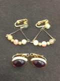 Lot of Two Matched Gold-Tone Alloy Pairs of Fashion Earrings, One Glass Bead Drop & Glass Bead Inlay