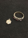 Lot of Two Gold-Tone Alloy Jewelry Items, Gemstone Accented Mother's Ring Size 8n & Petite Charm