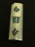 Broken Edge Turquoise Inlaid Butterfly Motif Silver-Tone Alloy Bic Lighter Case