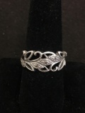Milgrain Leaf Motif Diamond Accented Sterling Silver Filigree Ring Band - Size 8