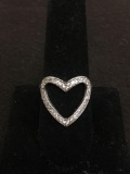 Rhinestone Accented 18mm Long Heart Motif Sterling Silver Ring Band - Size 8