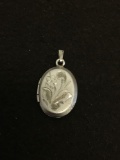 Engraved Brushed Finished Floral Motif Oval 20x16mm Sterling Silver Locket Pendant