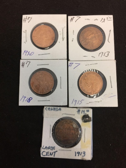 Lot of 5 Early Canadian Large Cent Coins
