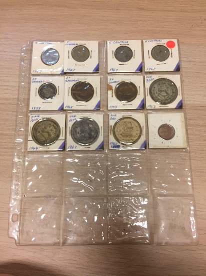Binder Page of Foreign Rare Coins - Includes SILVER Peso Coins