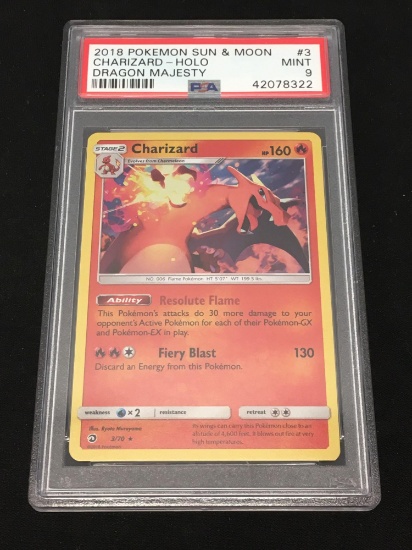 PSA Graded 2018 Pokemon Sun & Moon Dragon Majesty Charizard Holo Rare 3/70 - Mint 9