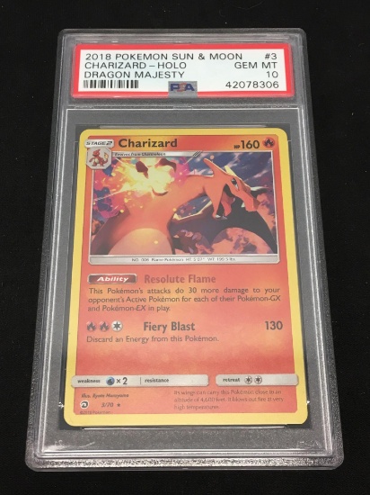 PSA Graded 2018 Pokemon Sun & Moon Dragon Majesty Charizard Holo Rare 3/70 - Gem Mint 10