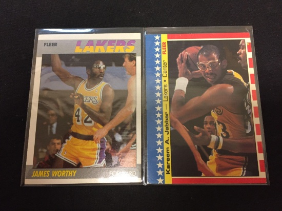 1987-88 Fleer James Worthy & 1987-88 Fleer Sticker Kareem Abdul-Jabbar Vintage Basketball Cards