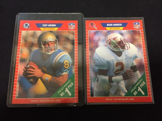 2 Card Lot of 1989 Pro Set Troy Aikman & Deion Sanders Rookie Football Cards