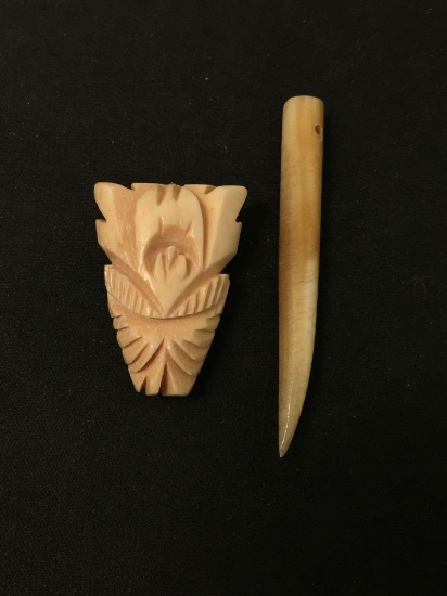 Lot of Two Carved Bone Items, 2.5" Long Spike Pendant & 1.5" Tribal Face Pin