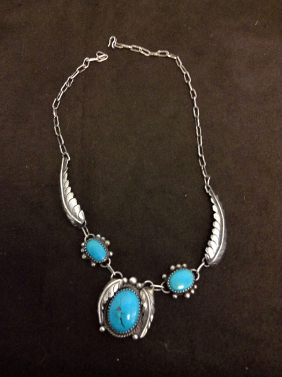 Old Pawn Native American Styled Sterling Silver 18" Necklace w/ Three Oval Turquoise Cabochons-25