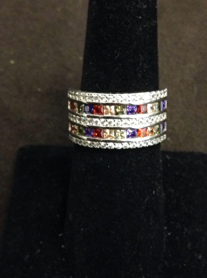 Channel Set Multi-Colored Princess Zircon w/ White Accents 10mm Wide Sterling Silver Ring Band-Size