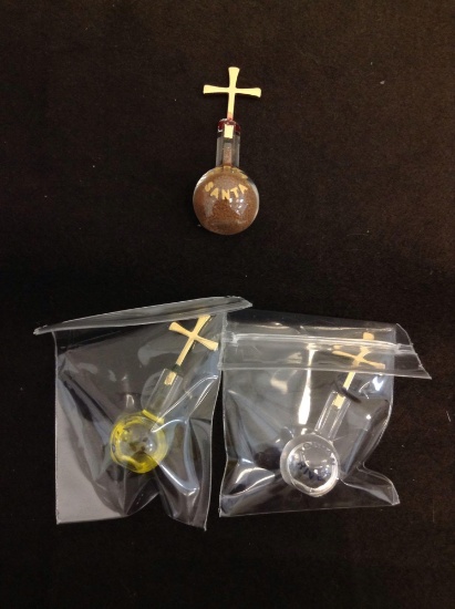 Set of Three 2" Long Vials of Blessed Holy Water, Soil & Oil from the Holy Land w/ Gold-Tone Cross