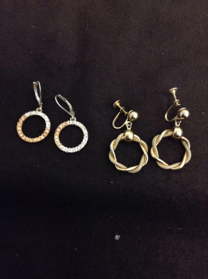 Lot of Two Pairs of Fashion Earrings, Gold-Tone Circle Braided Drop & Pair w/ Rhinestone Accented
