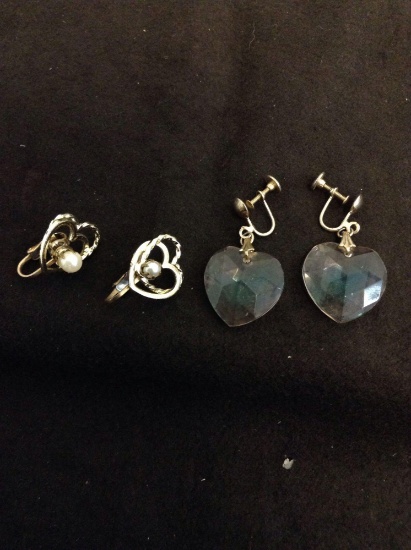 Lot of Two Pairs of Fashion Heart Motif Earrings, Pair w/ Crystal Faceted Heart & Pair w/ Faux Pearl