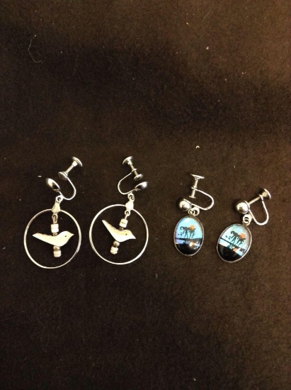 Lot of Two Pairs of Fashion Earrings, Pair w/ Carved Stone Bird Hoops & Pair w/ Resin Landscape
