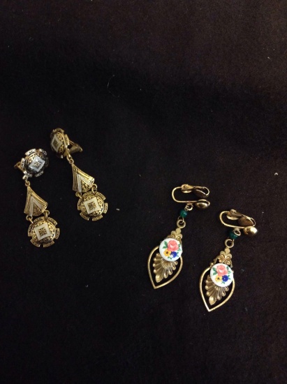Lot of Two Pairs of Gold-Tone 2" Drop Fashion Earrings, Vintage Pair Motif & Vintage w/ Porcelain