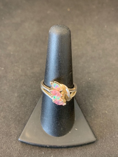 Diagonal Set Marquise Fashioned Pink Topaz & Opal Sterling Silver Bypass Ring Band-Size 8-3.5 Grams