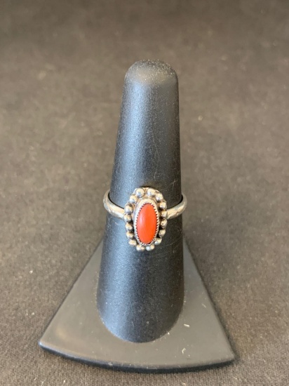 Oval 9x4mm Coral Center w/ Tribal Engraving & Bead Halo Sterling Silver Ring Band-Size 7-3.3 Grams
