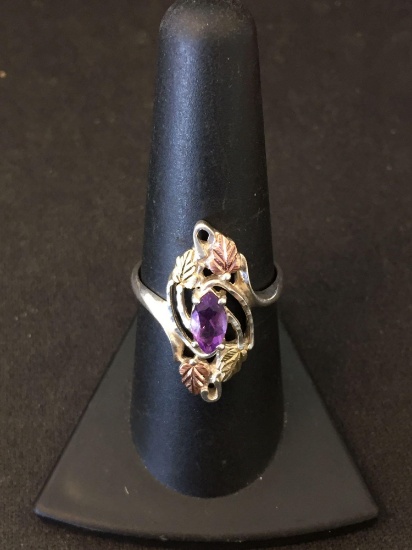 Black Hills Gold Motif 24mm Long w/ Marquise Faceted Amethyst Sterling Silver Ring Band-Size 8-3.8