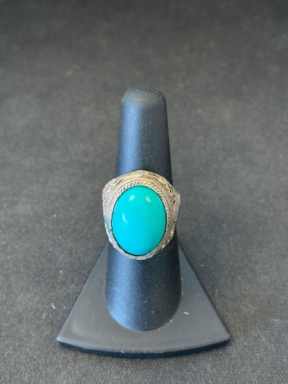 Oval 18x13mm Turquoise Cabochon Asian Symbol Decorated Sterling Silver Ring Band-Size Adjustable-8