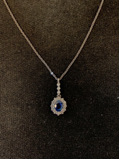 Oval Faceted 5x3mm Sapphire w/ Diamond Halo 14Kt White Gold Pendant w/ 18" Chain-2.5 Grams