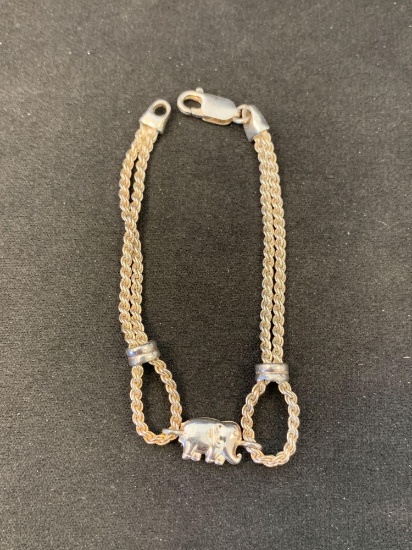 Double Rope Lasso Motif Elephant Accented Sterling Silver 7" Long Bracelet-9 Grams