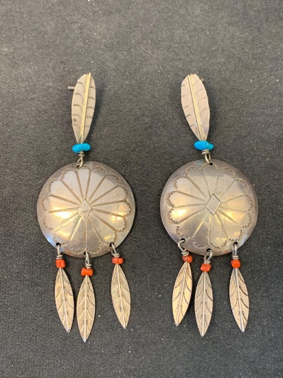 Old Pawn Native American Motif Turquoise & Coral Bead Accented 3" Long Pair of Sterling Silver Drop