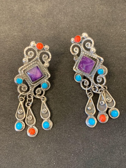 Old Pawn Native American Motif Amethyst, Turquoise & Coral Accented 2.5" Pair of Sterling Silver