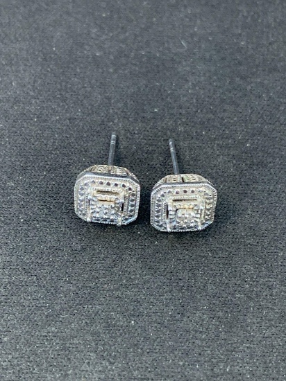 Square Milgrain Accented Diamond Cluster Pair of 9.0mm Wide Sterling Silver Earrings-3 Grams