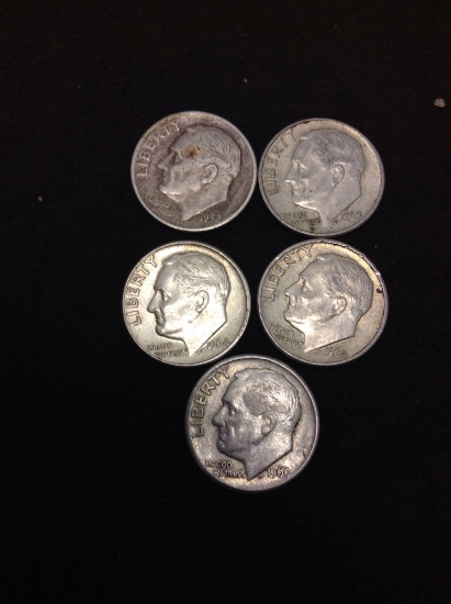 Lot of 5 United States 90% Silver Roosevelt Dimes