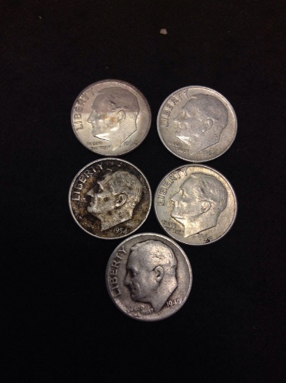 Lot of 5 United States 90% Silver Roosevelt Dimes