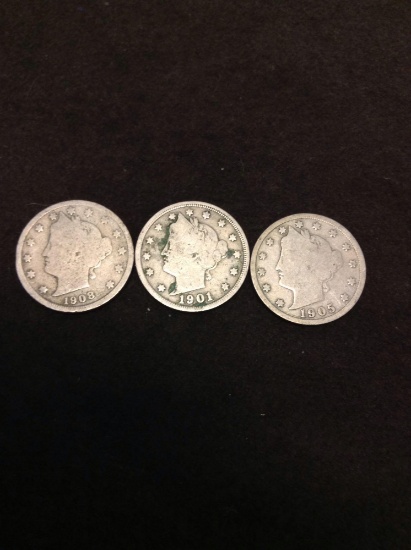 Lot of 3 United States Liberty V Nickels