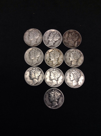 Lot of 10 US Mercury 90% Silver Dimes - $1 Face Value